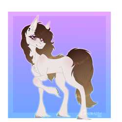 Size: 4320x4320 | Tagged: safe, artist:chazmazda, imported from derpibooru, oc, oc only, pony, accessory, art trade, bent legs, blushing, bracelet, brown mane, butt blush, colored, commission open, ear piercing, earring, ears up, fetlock tuft, flat colors, fluffy, fringe, full body, gradient background, hair, highlights, hooves, jewelry, long hair, long legs, long tail, looking at you, necklace, outline, piercing, raised hoof, shading, shoulder blush, sign, signature, slit pupils, smiling, smiling at you, solo, tail