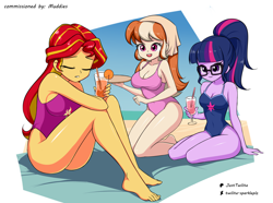 Size: 1590x1186 | Tagged: safe, artist:twilite-sparkleplz, imported from derpibooru, sci-twi, sunset shimmer, twilight sparkle, oc, oc:mandarine mélange, human, equestria girls, barefoot, beach, beach towel, breasts, cleavage, clothes, drink, feet, female, one-piece swimsuit, swimsuit, trio, trio female, waitress