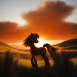 Size: 2048x2048 | Tagged: safe, imported from twibooru, earth pony, pony, ai content, ai generated, cutie mark, female, field, focal blur, full body, generator:pony realism 2.2, grass, image, looking back, open eye, png, prompter:densmog, raised tail, solo, solo female, summer, sun, sunset, tail