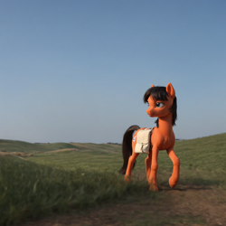 Size: 2048x2048 | Tagged: safe, imported from twibooru, earth pony, pony, ai content, ai generated, bag, clean sky, day, female, field, generator:pony realism 2.2, grass, image, look away, open eye, png, prompter:densmog, saddle bag, solo, solo female, walking