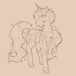 Size: 1200x1200 | Tagged: safe, artist:cold-blooded-twilight, imported from derpibooru, princess celestia, boots, clothes, earmuffs, messy hair, monochrome, scarf, shoes, sketch, smiling, sparkles