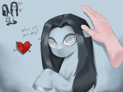 Size: 2600x1950 | Tagged: safe, artist:lillslim, imported from derpibooru, oc, oc only, earth pony, human, pony, dialogue, hand, looking at you, painting, petting, raised hoof