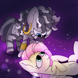 Size: 1271x1269 | Tagged: safe, artist:imlpidimon, imported from derpibooru, fluttershy, zecora, pegasus, cute, cutie mark, dock, ear piercing, earring, fanart, glowing, hair, jewelry, piercing, purple background, ring, signature, simple background, tail