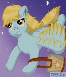 Size: 1900x2240 | Tagged: safe, artist:💎blue, imported from derpibooru, oc, oc only, pegasus, pony, bag, blonde, colored wings, female, flying, handbag, mare, night, simple background, simple shading, solo, stars, subtitles, two toned wings, wings