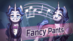 Size: 1920x1080 | Tagged: safe, alternate version, artist:bkiltersot, imported from derpibooru, fancypants, unicorn, best pony, bowtie, clothes, conductor's baton, danganronpa, facial hair, front view, horn, male, monocle, music notes, smiling, solo, stallion, style emulation, suit, text