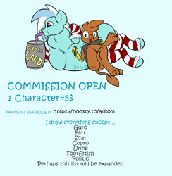 Size: 1754x1800 | Tagged: safe, artist:bun_burst, imported from derpibooru, oc, oc only, oc:bun burst, oc:mint gulp, earth pony, griffon, pony, advertisement, bhm, chubby, commission info, fat, male, obese