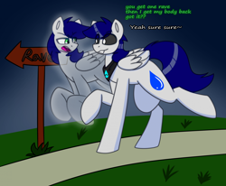 Size: 2116x1741 | Tagged: safe, artist:askhypnoswirl, imported from derpibooru, oc, oc only, oc:waterpony, ghost, ghost pony, pegasus, undead, bandana, commission, dialogue, duo, duo male, male, pegasus oc, road sign, spirit, walking, wings