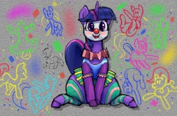 Size: 1333x874 | Tagged: safe, artist:parumpi, imported from derpibooru, oc, oc:twi clown, pony, unicorn, clothes, clown, clown makeup, clown nose, colored, female, fishnet clothing, fishnets, graffiti, horn, looking at you, red nose, skirt, smiling, socks, solo, stockings, thigh highs, thighs, thunder thighs