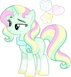 Size: 1637x1773 | Tagged: safe, artist:strawberry-spritz, imported from derpibooru, oc, oc only, pony, unicorn, clothes, female, horn, magical lesbian spawn, mare, offspring, parent:jasmine leaf, parent:vapor trail, scarf, simple background, solo, transparent background