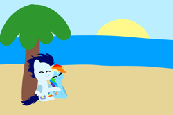 Size: 1935x1285 | Tagged: safe, anonymous artist, derpibooru exclusive, imported from derpibooru, rainbow dash, soarin', pegasus, pony, series:soarindash honeymoon, series:soarindash romantic tales, beach, female, male, mare, palm tree, pointy ponies, shipping, sitting, smiling, soarindash, stallion, straight, tree