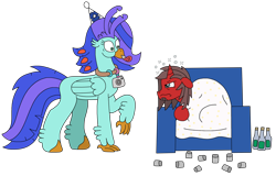 Size: 3138x2010 | Tagged: safe, artist:supahdonarudo, imported from derpibooru, oc, oc only, oc:ironyoshi, oc:sea lilly, classical hippogriff, hippogriff, unicorn, alcohol, blanket, bottle, camera, chair, cup, hangover, hat, horn, jewelry, looking at each other, looking at someone, necklace, new year, noisemaker, party hat, simple background, transparent background, wine, wine bottle