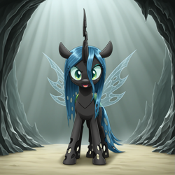 Size: 1383x1383 | Tagged: safe, imported from twibooru, queen chrysalis, changeling, changeling queen, nymph, ai content, ai generated, cave, female, generator:autismmixconfetti, image, open mouth, png, smiling, solo, younger