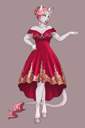 Size: 2025x3036 | Tagged: safe, artist:askbubblelee, imported from derpibooru, oc, oc only, oc:rosie quartz, anthro, unguligrade anthro, unicorn, alternate universe, anthro oc, breasts, busty oc, cleavage, clothes, curved horn, digital art, dress, female, hair bun, horn, leonine tail, lipstick, mare, red dress, simple background, smiling, tail, unicorn oc