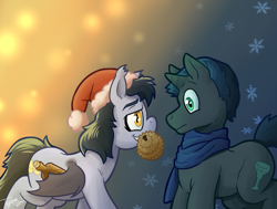 Size: 950x720 | Tagged: safe, artist:tyscope, imported from derpibooru, oc, oc:idol hooves, oc:mothchaser, bat pony, changeling, unicorn, fanfic:the changeling of the guard, christmas, clothes, confused, disguise, disguised changeling, durian, flirting, food, hat, holiday, horn, santa hat, scarf, snow, snowfall, wing hold, wings