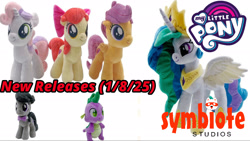 Size: 2266x1275 | Tagged: safe, imported from derpibooru, symbiote studios, apple bloom, octavia melody, princess celestia, scootaloo, spike, sweetie belle, alicorn, earth pony, pegasus, unicorn, female, filly, foal, horn, irl, photo, plushie, thumbnail