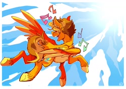 Size: 1280x904 | Tagged: safe, artist:hallowraith, imported from derpibooru, oc, oc only, oc:carmine garnet, pegasus, brown mane, cloud, flying, large wings, music notes, orange fur, ponysona, solo, wings