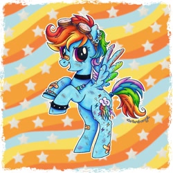 Size: 1460x1460 | Tagged: safe, artist:dariarchangel, imported from derpibooru, part of a set, rainbow dash, pegasus, pony, 3d cutie mark, :d, alternate cutie mark, alternate design, alternate hairstyle, band-aid on nose, bandage, bandaged wing, bandaid, base used, bipedal, blue coat, bracelet, choker, chokerdash, cute, dashabetes, ear piercing, earring, female, goggles, goggles on head, jewelry, mare, multicolored hair, multicolored mane, multicolored tail, necklace, open mouth, open smile, passepartout, patterned background, piercing, rainbow hair, rainbow tail, raised hoof, redesign, rose eyes, scuff mark, short hair, short hair rainbow dash, short mane, short tail, smiling, solo, spiked wristband, spread wings, standing, stars, tail, torn ear, torn wings, traditional art, wings, wristband