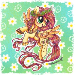 Size: 1462x1462 | Tagged: safe, artist:dariarchangel, imported from derpibooru, part of a set, fluttershy, butterfly, pegasus, pony, 3d cutie mark, :d, alternate cutie mark, alternate design, alternate eye color, alternate hairstyle, beautiful, big eyes, blushing, bracelet, braid, braided tail, cute, female, floral head wreath, flower, flower in hair, flying, green eyes, jewelry, leaves, long hair, long mane, long tail, looking up, mare, necklace, open mouth, open smile, passepartout, patterned background, peace symbol, pink hair, pink mane, pink tail, pretty, raised hoof, redesign, shyabetes, smiling, solo, spread wings, tail, tail tie, tied tail, traditional art, wings, yellow coat