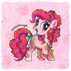 Size: 1462x1462 | Tagged: safe, artist:dariarchangel, imported from derpibooru, part of a set, pinkie pie, earth pony, pony, 3d cutie mark, :d, alternate design, blue eyes, bow, bracelet, candy, confetti, curly hair, curly mane, curly tail, cute, diapinkes, female, flower, food, hairclip, heart, heart blush, jewelry, lollipop, mare, necklace, open mouth, open smile, passepartout, patterned background, pink coat, pink hair, pink mane, pink tail, ponk, raised hoof, redesign, shortie, smiley face, smiling, solo, standing, standing on three hooves, star hairpin, stars, sticker, sweets, tail, tail bow, traditional art