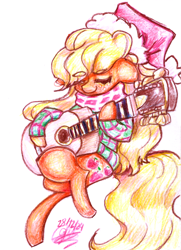 Size: 3060x4218 | Tagged: safe, artist:mannybcadavera, imported from derpibooru, applejack, earth pony, pony, acoustic guitar, christmas, clothes, crossed legs, dexterous hooves, eyebrows, eyebrows visible through hair, eyes closed, female, floppy ears, guitar, hat, high res, holiday, mare, musical instrument, plaid scarf, plaid shirt, santa hat, scarf, shirt, simple background, smiling, solo, traditional art, watercolor painting, white background