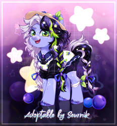 Size: 3194x3449 | Tagged: safe, artist:seurnik, imported from derpibooru, oc, oc only, earth pony, pony, abstract background, adoptable, auction, auction open, black and white mane, blue bow, blue coat, blueberry, clothes, food, freckles, green eyes, green locks, hat, leaves, pigtails, plaid shirt, purple hooves, purple locks, shirt, solo, spots, starry eyes, stars, wingding eyes, ychcommission