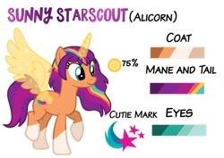 Size: 1063x752 | Tagged: dead source, safe, artist:sparklekitty06, imported from derpibooru, sunny starscout, alicorn, earth pony, pony, series:magic of unity, base used, caption, cutie mark, female, g5, g5 to g4, generation leap, mane stripe sunny, mare, race swap, reference sheet, simple background, solo, sunnycorn, text, transparent background