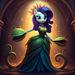 Size: 1024x1024 | Tagged: safe, generator:nightcafe ai, imported from twibooru, rarity, ai content, ai generated, clothes, dress, generator:google imagen 3.0, image, needs more jpeg, venus flytrap