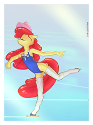 Size: 2672x3615 | Tagged: safe, artist:stratodraw, imported from derpibooru, apple bloom, anthro, earth pony, unguligrade anthro, blue leotard, bow, clothes, eyes closed, female, floppy ears, hair bow, ice skates, ice skating, leotard, passepartout, signature, skates, socks, standing, standing on one leg, tail, text, thigh highs, white socks, windswept mane, windswept tail