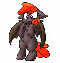 Size: 1000x1044 | Tagged: safe, artist:zutcha, imported from derpibooru, oc, oc only, bat pony, pony, bat pony oc, bat wings, belly, belly button, bipedal, chest fluff, cute, female, floppy ears, mare, ocbetes, simple background, solo, white background, wings