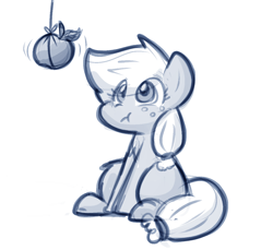 Size: 1172x1075 | Tagged: safe, artist:zutcha, imported from derpibooru, applejack, earth pony, pony, :t, apple, cute, eye clipping through hair, eyes on the prize, female, food, hatless, herbivore, jackabetes, looking at something, looking up, mare, missing accessory, monochrome, simple background, solo, string, that pony sure does love apples, white background