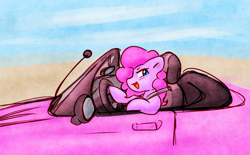 Size: 3269x2027 | Tagged: safe, artist:zutcha, imported from derpibooru, pinkie pie, earth pony, pony, :3, car, convertible, driving, female, floppy ears, furrowed brow, high res, hoof hold, index get, lidded eyes, looking at you, mare, open mouth, open smile, ponies driving cars, smiling, smiling at you, smirk, solo, x0000 milestone, x00000 milestone