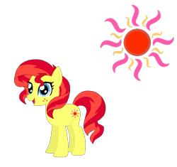 Size: 697x655 | Tagged: safe, artist:selenaede, artist:user15432, imported from derpibooru, sunshimmer, earth pony, pony, base used, blue eyes, cutie mark, freckles, g3, g3 to g4, generation leap, not sunset shimmer, open mouth, open smile, recolor, red mane, red tail, simple background, smiling, solo, tail, transparent background, yellow coat