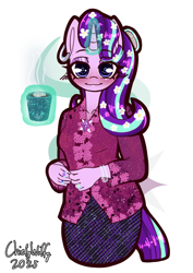 Size: 992x1403 | Tagged: safe, artist:chiefywiffy, imported from derpibooru, starlight glimmer, anthro, unicorn, chocolate, clothes, dress, female, flower, flower in hair, food, horn, hot chocolate, kebaya, mare, my little pony, piercing, simple background, solo, white background