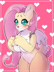 Size: 1542x2048 | Tagged: safe, artist:yutailaarts, imported from derpibooru, fluttershy, anthro, bear, bearified, blushing, breasts, busty fluttershy, care bears, featureless breasts, featureless crotch, fingers together, flutterbear, heart, heart background, looking at you, solo, species swap