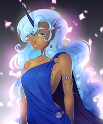 Size: 1707x2048 | Tagged: safe, artist:yutailaarts, imported from derpibooru, princess luna, human, armlet, breasts, clothes, dress, horn, horned humanization, humanized, jewelry, looking at you, moderate dark skin, sideboob, solo