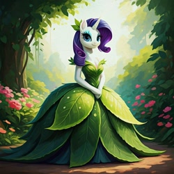 Size: 1024x1024 | Tagged: safe, generator:nightcafe ai, imported from twibooru, rarity, ai content, ai generated, clothes, cute, dress, generator:google imagen 3.0, gown, image, needs more jpeg, raribetes, solo, venus flytrap