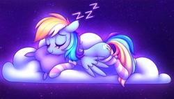 Size: 3000x1700 | Tagged: safe, artist:darkynez, artist:heavymetalbronyyeah, imported from derpibooru, rainbow dash, pegasus, pony, backwards cutie mark, blushing, clothes, cloud, cute, dashabetes, eyes closed, female, lying down, lying on a cloud, mare, on a cloud, onomatopoeia, pillow, prone, sleeping, sleeping on a cloud, smiling, socks, solo, sound effects, striped socks, wings, zzz