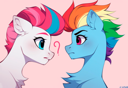 Size: 1216x832 | Tagged: safe, imported from derpibooru, rainbow dash, zipp storm, pegasus, pony, ai composition, ai content, chest fluff, duo, duo female, ear fluff, female, g5, looking at each other, looking at someone, mare, pink background, question mark, simple background, zipp and her heroine