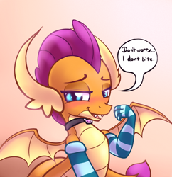 Size: 3100x3200 | Tagged: safe, artist:heavymetalbronyyeah, imported from derpibooru, smolder, dragon, arm warmers, bedroom eyes, blushing, clothes, collar, cute, dragon wings, dragoness, evening gloves, fangs, female, gloves, long gloves, looking at you, open mouth, open smile, slit pupils, smiling, smiling at you, smolderbetes, solo, speech bubble, spread wings, talking, wings