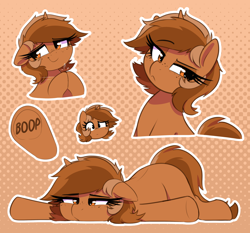 Size: 1500x1400 | Tagged: safe, artist:thebatfang, imported from derpibooru, oc, oc only, oc:sign, pony, unicorn, abstract background, boop, eyebrows, female, flop, freckles, gradient background, hooves together, horn, lying down, mare, prone, raised eyebrow, side eye, smiling, solo, sploot, thinking, underhoof