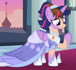 Size: 1180x1080 | Tagged: safe, artist:anonymous, imported from derpibooru, twilight sparkle, alicorn, human, pony, the last problem, /ptfg/, clothes, coronation dress, dress, elegant, eye color change, female, folded wings, gown, hoof shoes, human to pony, looking at hoof, mare, mid-transformation, raised hoof, regal, second coronation dress, show accurate, smiling, solo, transformation, twilight sparkle (alicorn), wings