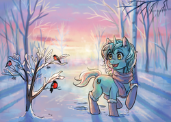 Size: 1000x713 | Tagged: safe, artist:fomminator, imported from derpibooru, lyra heartstrings, bird, pony, unicorn, clothes, forest, horn, nature, scarf, smiling, snow, solo, tree, winter, winter boots