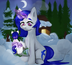 Size: 2454x2205 | Tagged: safe, artist:yuvi, imported from derpibooru, oc, unicorn, digital art, doll, eyelashes, female, horn, mare, moon, outdoors, snow, solo, toy, winter