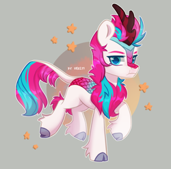 Size: 2022x2000 | Tagged: safe, artist:shelti, imported from derpibooru, zipp storm, kirin, cloven hooves, female, g5, horn, kirin zipp storm, kirin-ified, leonine tail, mare, puffy cheeks, simple background, solo, species swap, stars, tail