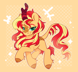 Size: 2138x1994 | Tagged: safe, artist:shelti, imported from derpibooru, sunset shimmer, kirin, cloven hooves, emanata, female, high res, horn, kirin sunset, kirin-ified, leonine tail, looking at you, mare, outline, smiling, smiling at you, solo, sparkles, species swap, tail, white outline