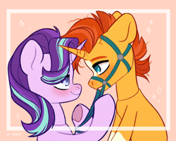 Size: 2500x2000 | Tagged: safe, artist:shelti, imported from derpibooru, starlight glimmer, sunburst, pony, unicorn, blushing, bridle, dominant, duo, duo male and female, eye contact, female, femdom, heart, heart eyes, high res, horn, horns are touching, looking at each other, looking at someone, male, malesub, mare, messy mane, shipping, signature, simple background, smiling, smiling at each other, stallion, starburst, straight, submissive, tack, underhoof, wingding eyes