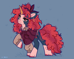 Size: 2500x2000 | Tagged: safe, artist:shelti, imported from derpibooru, oc, oc only, pony, unicorn, blue background, clothes, coat markings, colored horn, colored pupils, curly hair, ear piercing, earring, female, headband, high res, horn, jewelry, long sleeves, looking at you, mare, messy mane, messy tail, piercing, raised hoof, shawl, shirt, simple background, smiling, smiling at you, socks (coat markings), solo, standing, tail, unshorn fetlocks