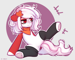 Size: 2500x2000 | Tagged: safe, artist:shelti, imported from derpibooru, oc, oc only, earth pony, pony, abstract background, art trade, belly, clothes, colored pupils, featureless crotch, floppy ears, high res, hoof heart, leaf, leg warmers, lying down, maple leaf, oc name needed, on side, scarf, smiling, solo, underhoof