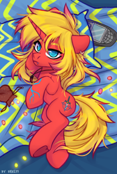 Size: 1346x2000 | Tagged: safe, artist:shelti, imported from derpibooru, oc, oc only, pony, unicorn, bed, body pillow, body pillow design, coin, colored pupils, commission, dakimakura cover, ear piercing, earring, fangs, floppy ears, frown, hoof heart, horn, jewelry, looking at you, lying down, necklace, nokia n-gage, on side, piercing, pouch, solo, underhoof