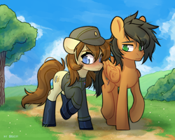 Size: 2500x2000 | Tagged: safe, artist:shelti, imported from derpibooru, oc, oc only, oc:clover springs, earth pony, pegasus, pony, blushing, clothes, duo, duo male and female, empire, female, folded wings, grass, hat, male, mare, military uniform, outdoors, raised hoof, raised leg, sky, stallion, standing on two hooves, star wars, tree, uniform, wings